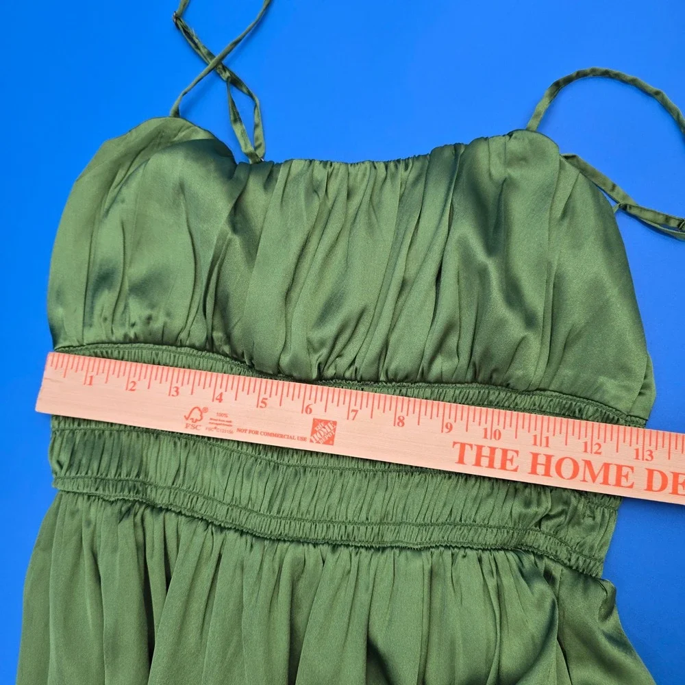 Abercrombie & Fitch Olive Green Satin Smocked Maxi Dress Slit Formal M Medium